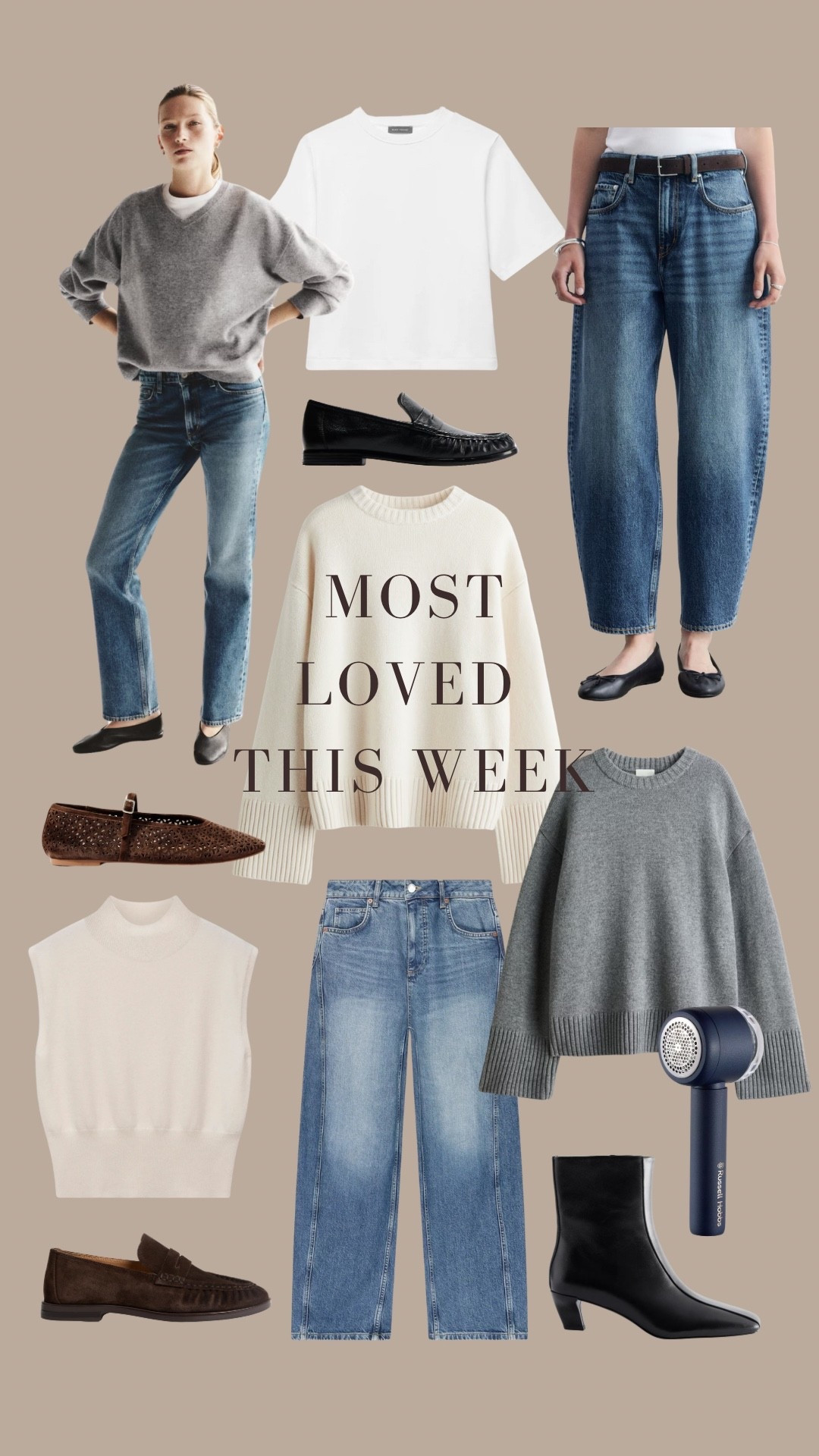 Most loved by you this week 🛒 

Barrel leg jeans, cashmere jumper, v neck jumper, cream jumper, grey jumper, penny loafers, suede loafers, fabric shaver, suede ballet flats, knit vest, leather ankle boots, white T-shirt