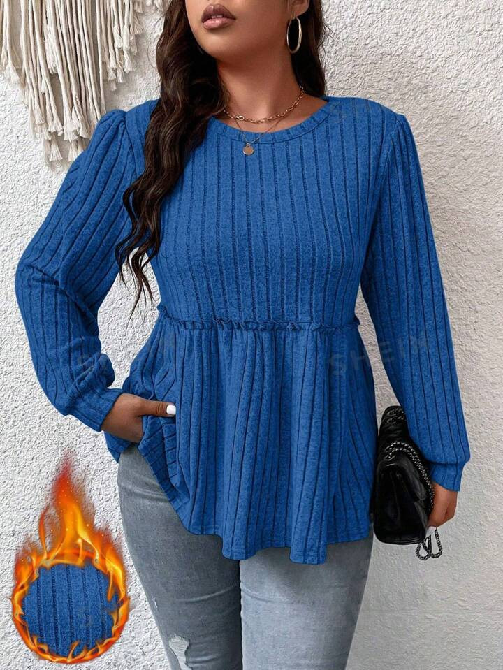 SHEIN Frenchy Plus Solid Frill Trim Peplum Tee | SHEIN