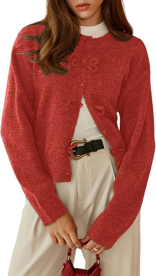 Women's Bow Knot Cardigan Crew Neck Long Sleeve Button Down Knit Cropped Sweater Tops | Amazon (US)