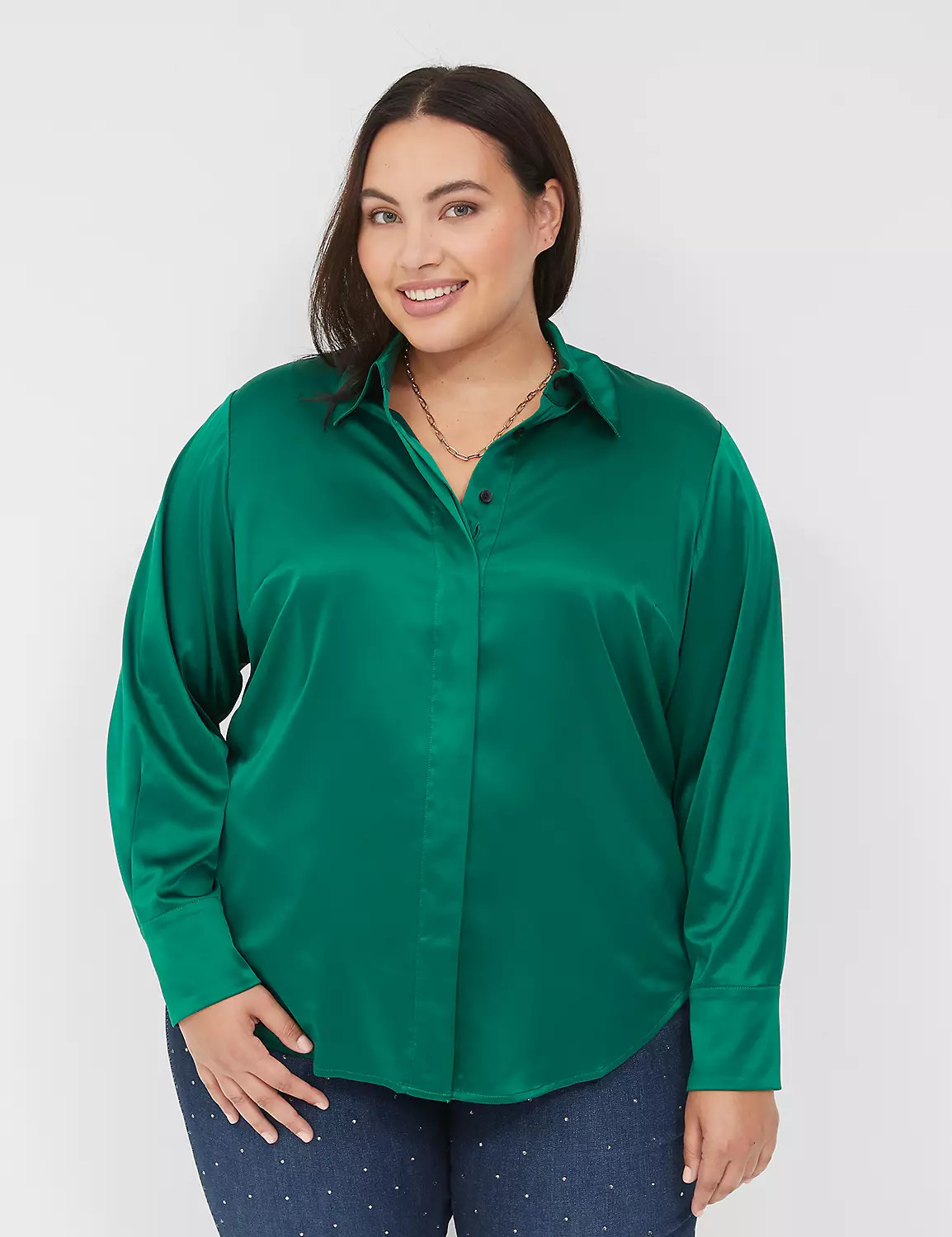 Long-Sleeve Button-Down Satin Shirt | LaneBryant | Lane Bryant (US)