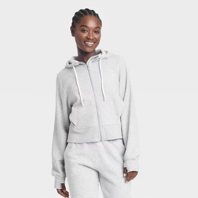 Women's Fleece Full Zip Hooded Sweatshirt - All In Motion™ Heathered Gray M | Target