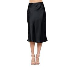 Women Solid High Waist Silky Casual Elastic Satin Midi Skirt - Made in USA | Amazon (US)