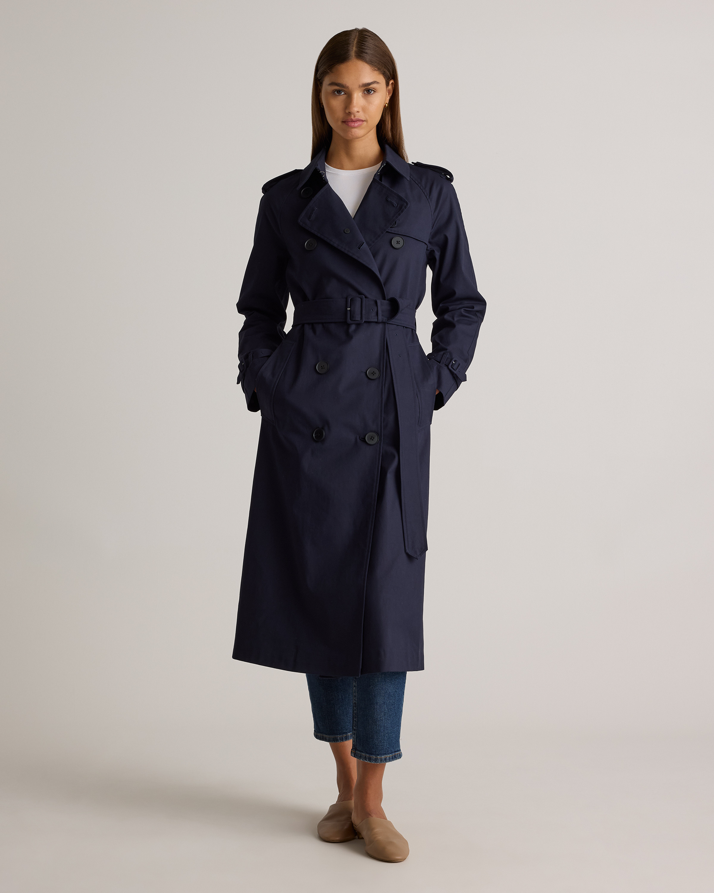 Quince | Women's Comfort Stretch Long Trench Coat in Navy, Size XL, Organic Cotton | Quince