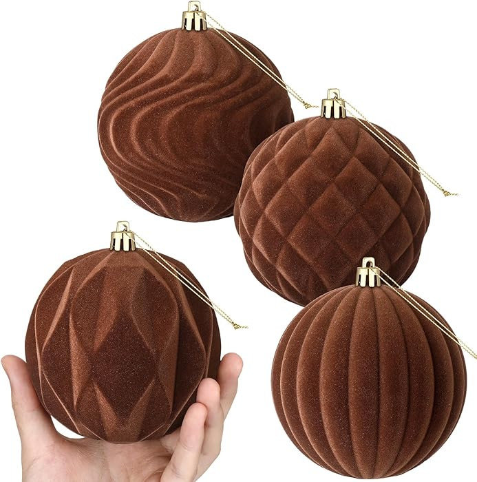 4 Pcs 4 Inch Brown Large Velvet Christmas Ball Ornaments Vintage Christmas Plastic Ball Ornaments... | Amazon (US)