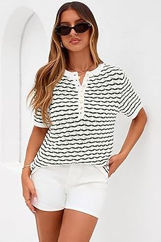 PRETTYGARDEN Womens Knit Summer Tops Button Short Sleeve Sweater Casual Crewneck Chevron Henley S... | Amazon (US)