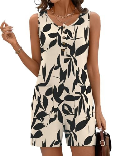 Rapbin Beach Outfits for Women 2025 Summer Scoop Neck Sleeveless Button Casual Short Rompers (Apricot Black Floral, XXL) | Amazon (US)