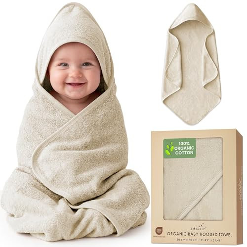 infancie 100% Organic Cotton Plush Woven Hooded Baby Bath Towels - Soft and Absorbent 31x31 Inches for Newborns and Kids, Hooded Baby Towels, Premium Infant Towels (Ivory) | Amazon (US)
