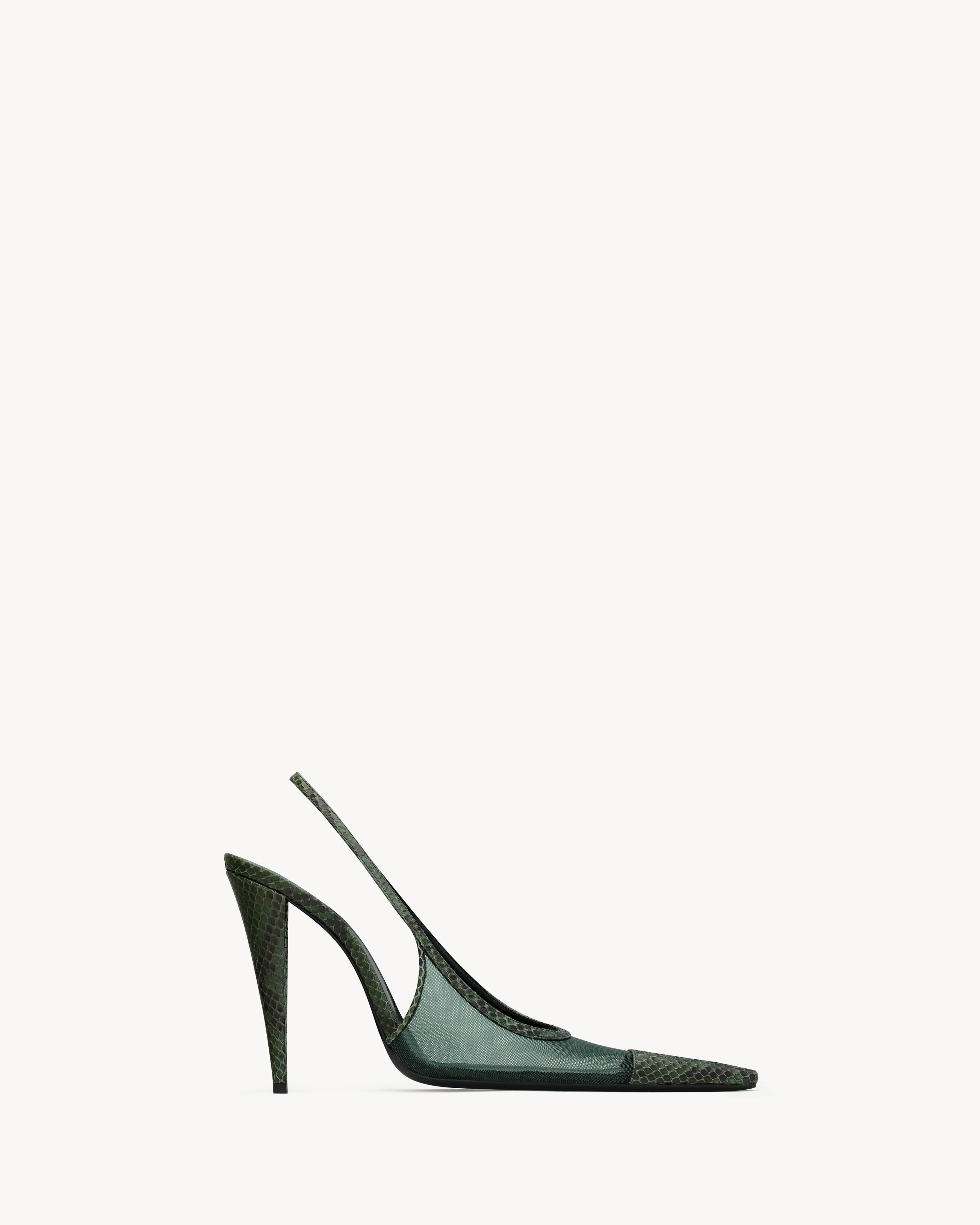 semi-sheer slingback pumps with python trim, featuring a tapered stiletto heel and pointed python... | Saint Laurent Inc. (Global)