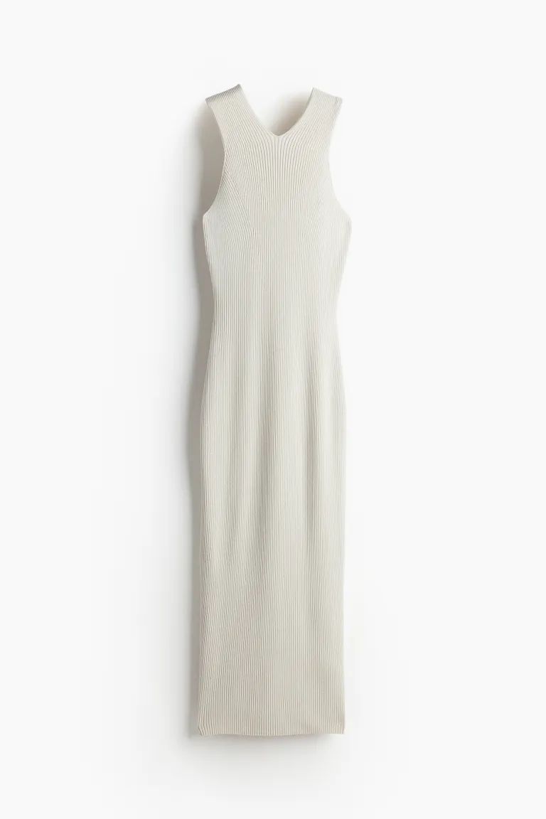 Rib-knit Bodycon Dress - V-neck - Sleeveless - Light beige - Ladies | H&M US | H&M (US + CA)