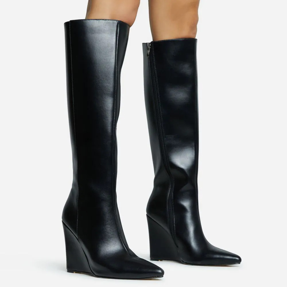 Rowen Pointed Toe Wedge Heel Knee High Long Boot In Black Faux Leather | EGO Shoes (US & Canada)