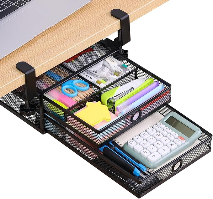 2-Tier Clamp-On Mesh Organizer, Under Desk Storage with Slide-Out Tray, No Drilling Tool-Free Ins... | Amazon (US)