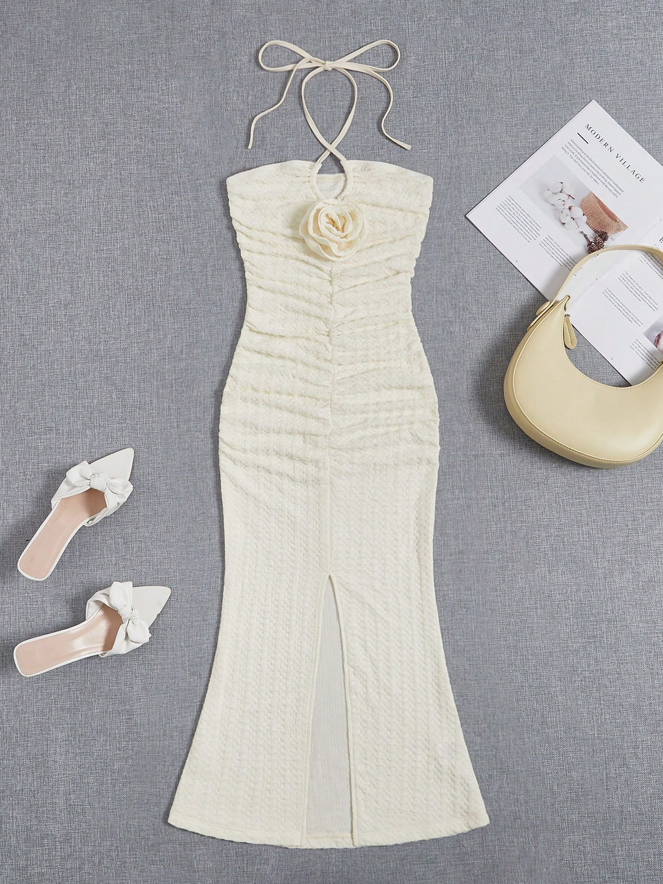 SHEIN VCAY Stereo Flower Tie Backless Split Thigh Halter Dress | SHEIN