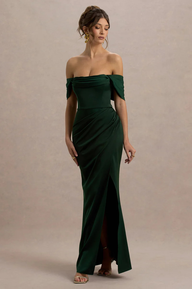 Annie | Bottle Green Satin Bardot Maxi Dress With Split Wrap Skirt | Club L London