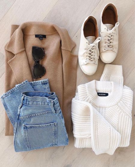 Casual fall outfit in cable knit sweater topped with a camel coat/cardigan and paired with jeans and sneakers. I took my smaller size in the Sézane sneakers, I find they run a bit big. 

#LTKSeasonal #LTKCyberweek #LTKstyletip