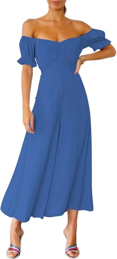 Fixmatti Womens Wide Leg Boho Jumpsuits Boat Neck Short Sleeve off Shoulder High Waist Long Rompe... | Amazon (US)