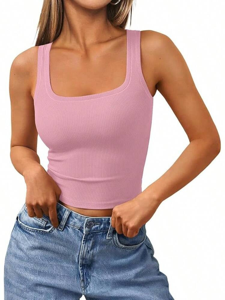 Queen Women's Summer Square Neck Tank Tops Workout Cropped Ribbed Summer Camisole Sleeveless Clothes 2025 | SHEIN
