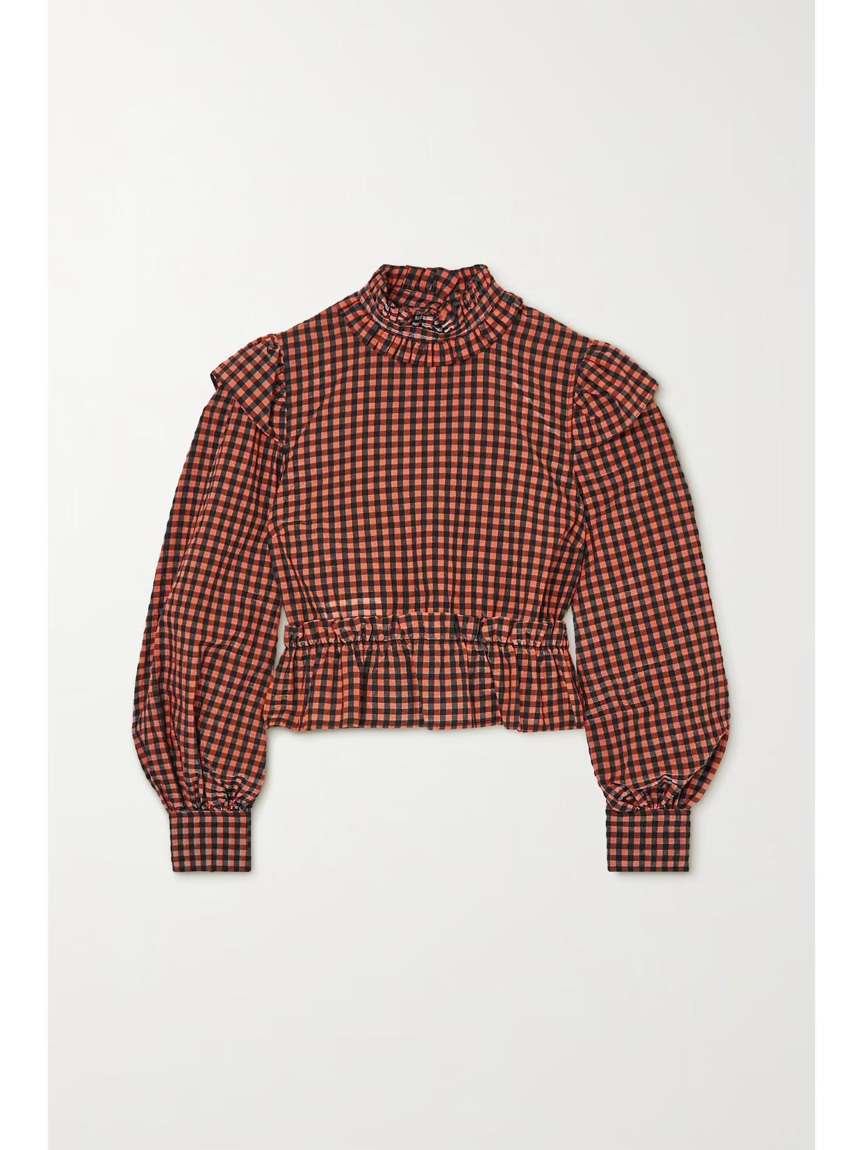 GANNI - Ruffled Gingham Seersucker Blouse - Orange | NET-A-PORTER (UK & EU)