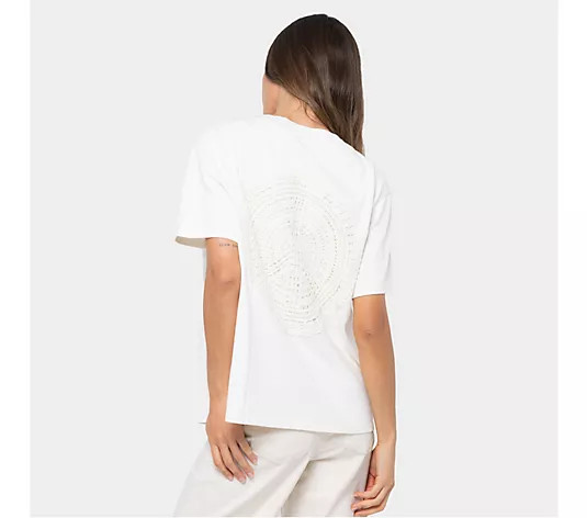 Peace Love World Cotton Wide Crew with Embroidered Motif Tee - QVC.com | QVC