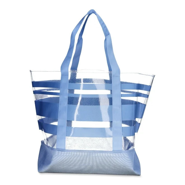 No Boundaries Women's Vinyl Beach Tote Bag with Mesh Bottom, Peri Swim Stripe - Walmart.com | Walmart (US)
