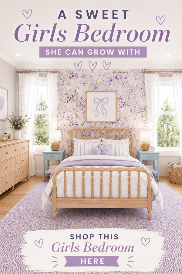 Create a sweet girls bedroom she'll love for years with timeless furniture, soft lavender florals, and cozy layered text