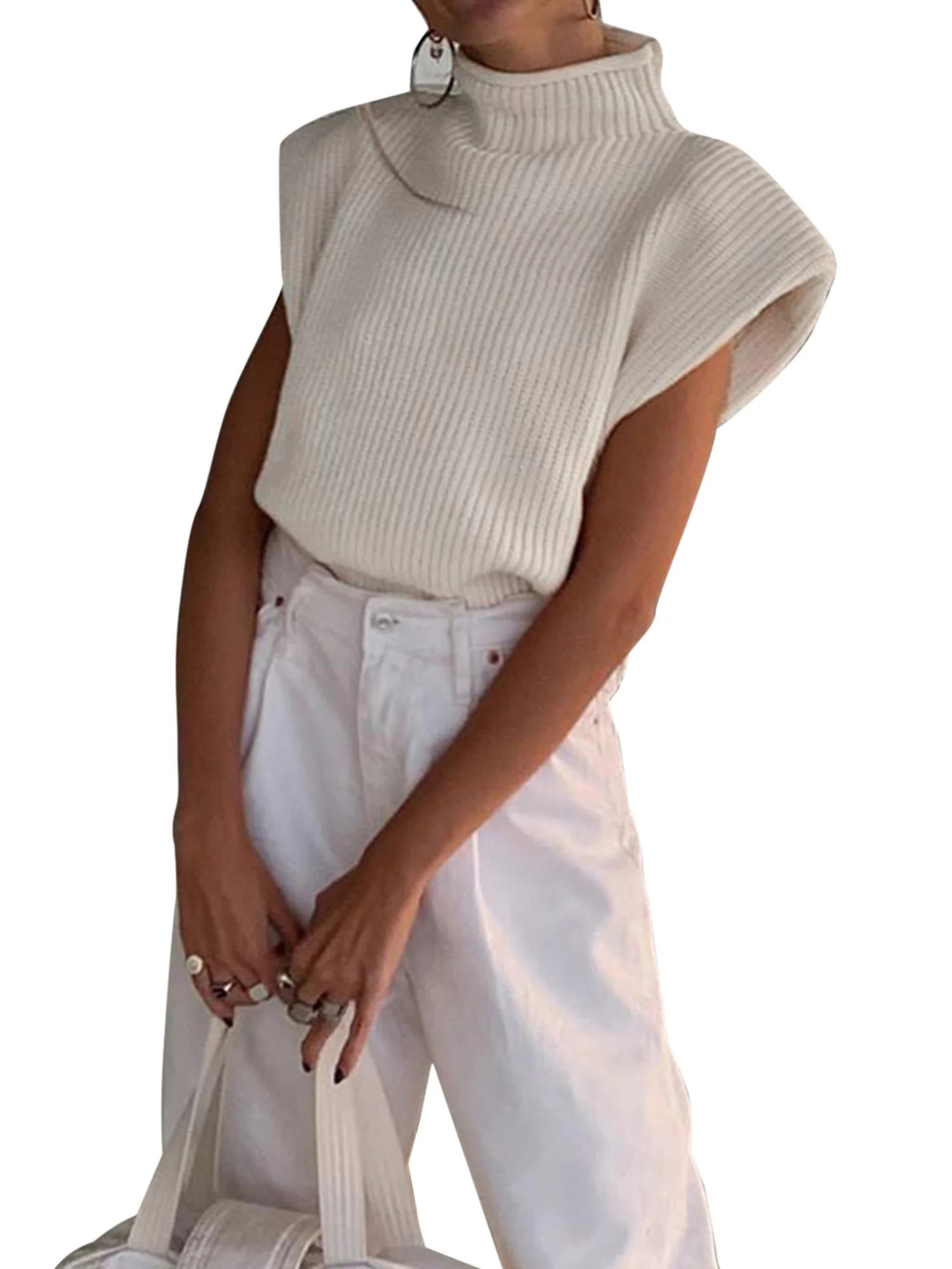 Women Knit Sweater Vest Turtleneck Sleeveless Tank Tops Shoulder Pads Knitwear Streetwear | Walmart (US)