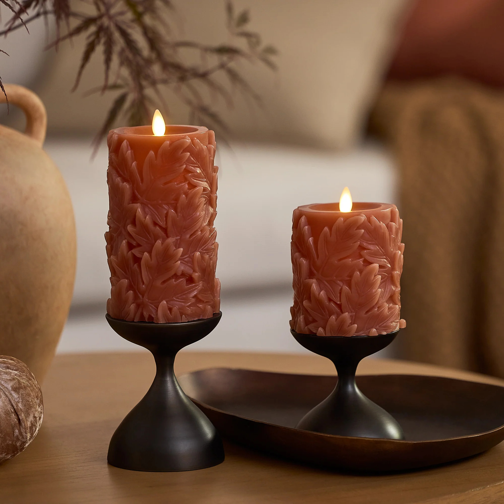 Caramel Café Embossed Leaves Flameless Candle Pillars | Luminara