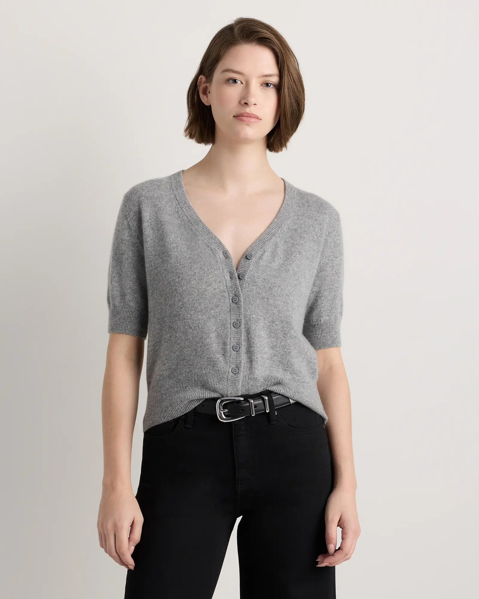 Mongolian Cashmere Short Sleeve Cardigan in Heather Grey | Quince