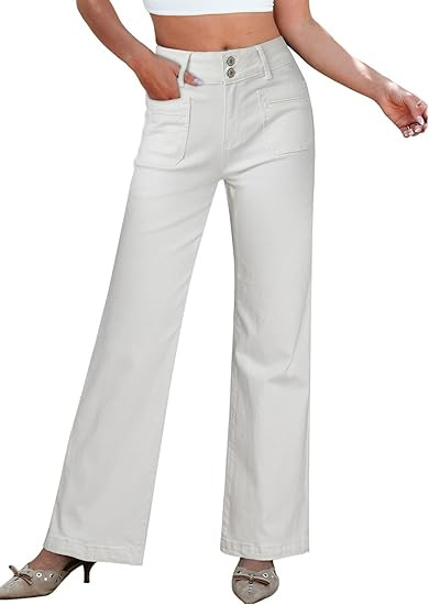 Sidefeel Women's Wide Leg Jeans High Waisted Tummy Control Stretchy Pockets Front Zimbaplatinum J... | Amazon (US)