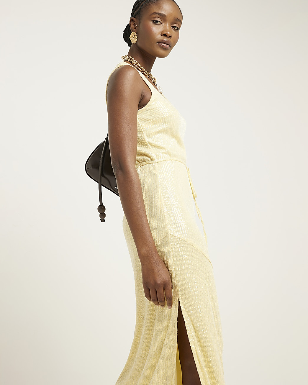 Yellow sequin tie waist slip midi dress | River Island (UK & IE)