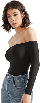 SUUKSESS Women Off the Shoulder Long Sleeve Bodysuit Double Lined Thong Bodysuit | Amazon (US)