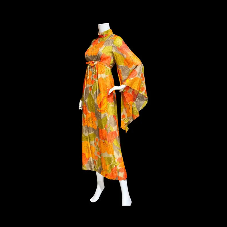 Vintage Silk Evening Dress, BOB BUGNAND 1960s Angel Sleeve Orange Trumpet Flower Cocktail Dress -... | Etsy (US)