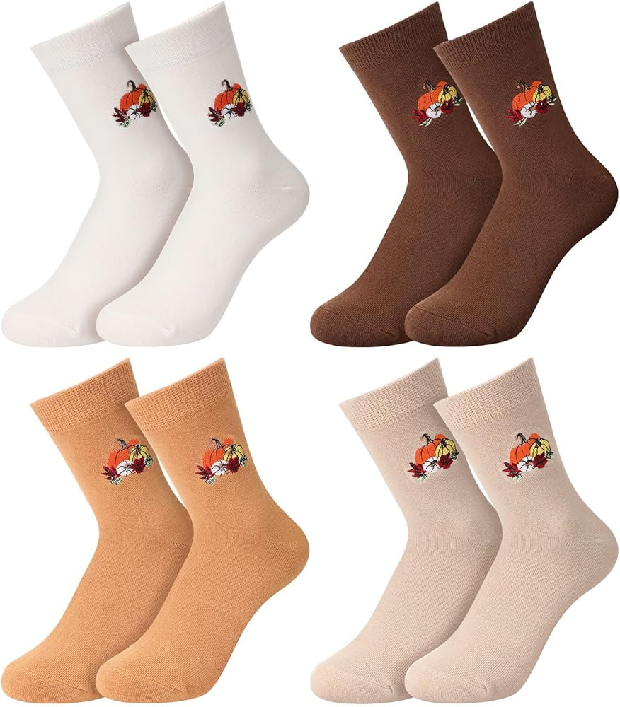 4 Pairs Fall Pumpkin Socks for Women Girls Autumn Soft Novelty Crew Socks Fall Thanksgiving Gifts | Amazon (US)