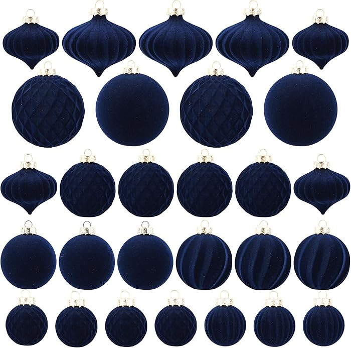 Flocked Ornaments for Christmas Tree Decorations - 28pcs Navy Blue Velvet Ball Ornament for Xmas ... | Amazon (US)