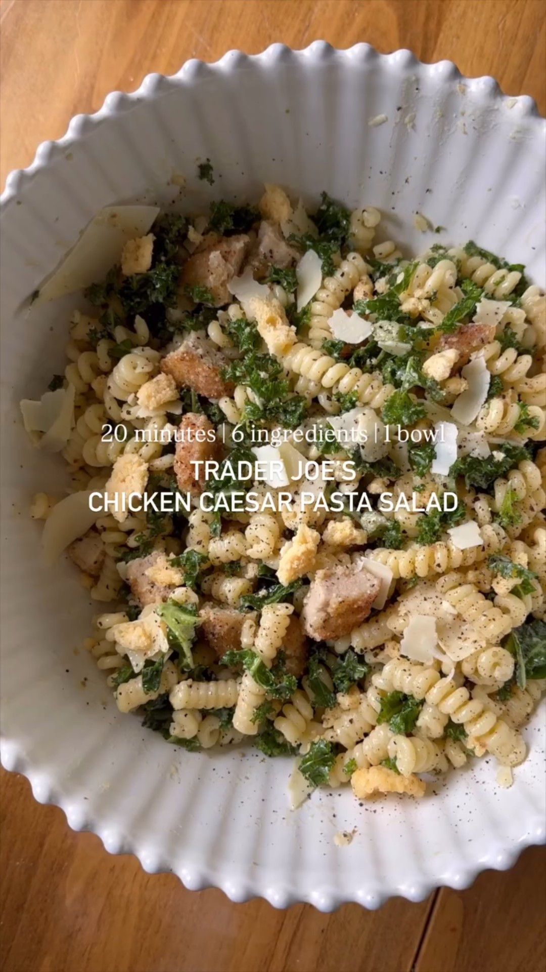Best of 2025! 

the best combo & it only takes 20 minutes 🤌🏻 full recipe below! 

ngredients:
Trader Joe’s Vegan Caesar Dressing (found refrigerated)
Trader Joe’s Organic Chicken Nuggets (found refrigerated)
Shredded Kale
Bucati Pasta or pasta of choice, cooked
Shaved parmesan
Trader Joe’s oven-baked cheese bites
Salt, to taste
Pepper, to taste

Instructions:
1. Prepare the chicken nuggets to package instructions (I did the air fryer method).
2. Once your chicken is cooked, cut into small bite sized pieces and set aside.
3. Assemble the salad. Add a couple of handfuls of kale to a large bowl and drizzle with the caesar dressing. Massage the dressing into the kale until it has softened a bit.
4. Add about 3 cups of cooked pasta, the diced chicken, and shaved parmesan. Drizzle with caesar dressing and season with a little salt and lots of cracked pepper.
5. Top with crumbled oven-baked cheese bites and toss well to combine.
6. Serve immediately or chilled to enjoy!

#LTKfoodie #LTKdayinmylife