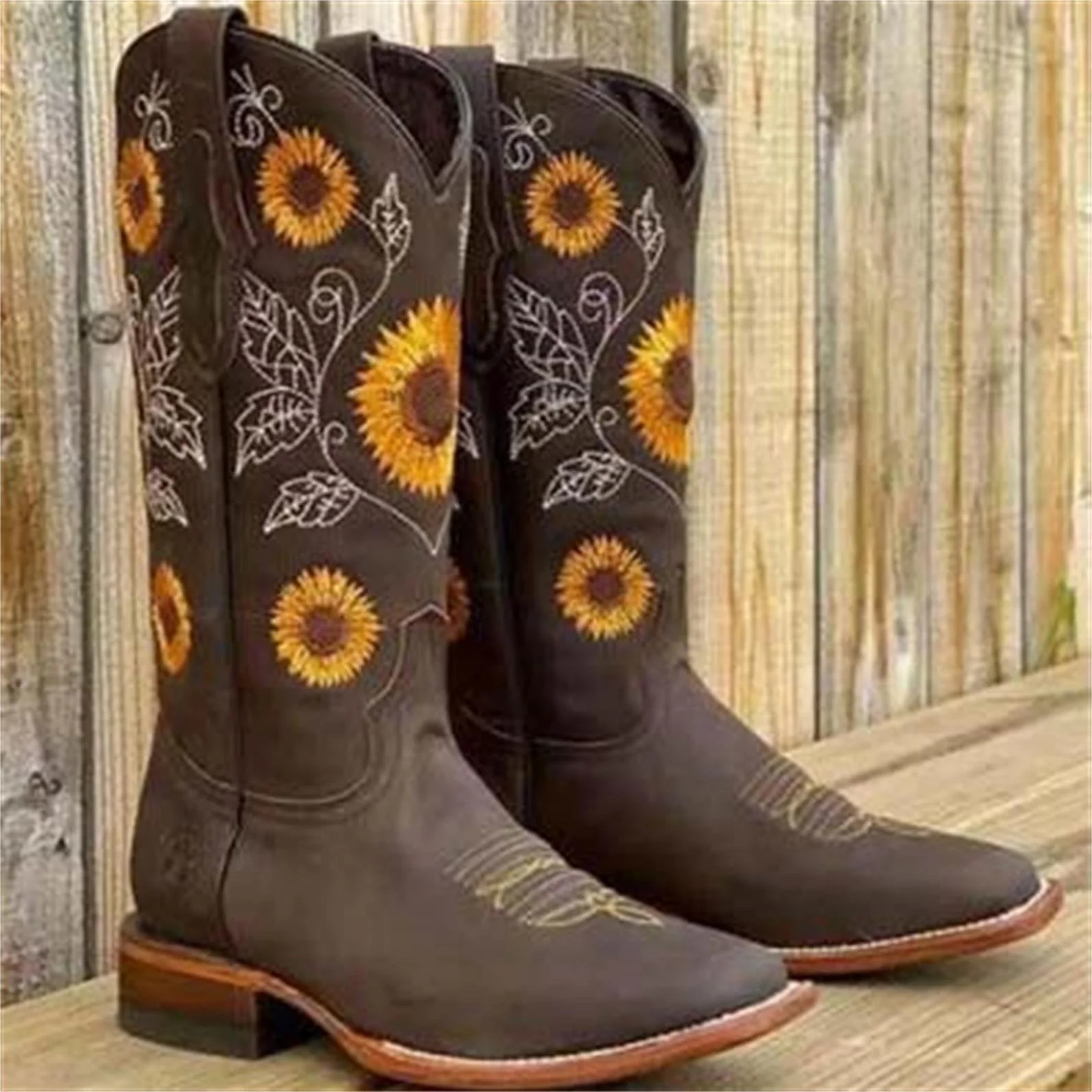 Cyber Monday Deals! Wirziis Womens Boots Western Boots Fashion Sunflowers Embroidered Round Toe M... | Walmart (US)