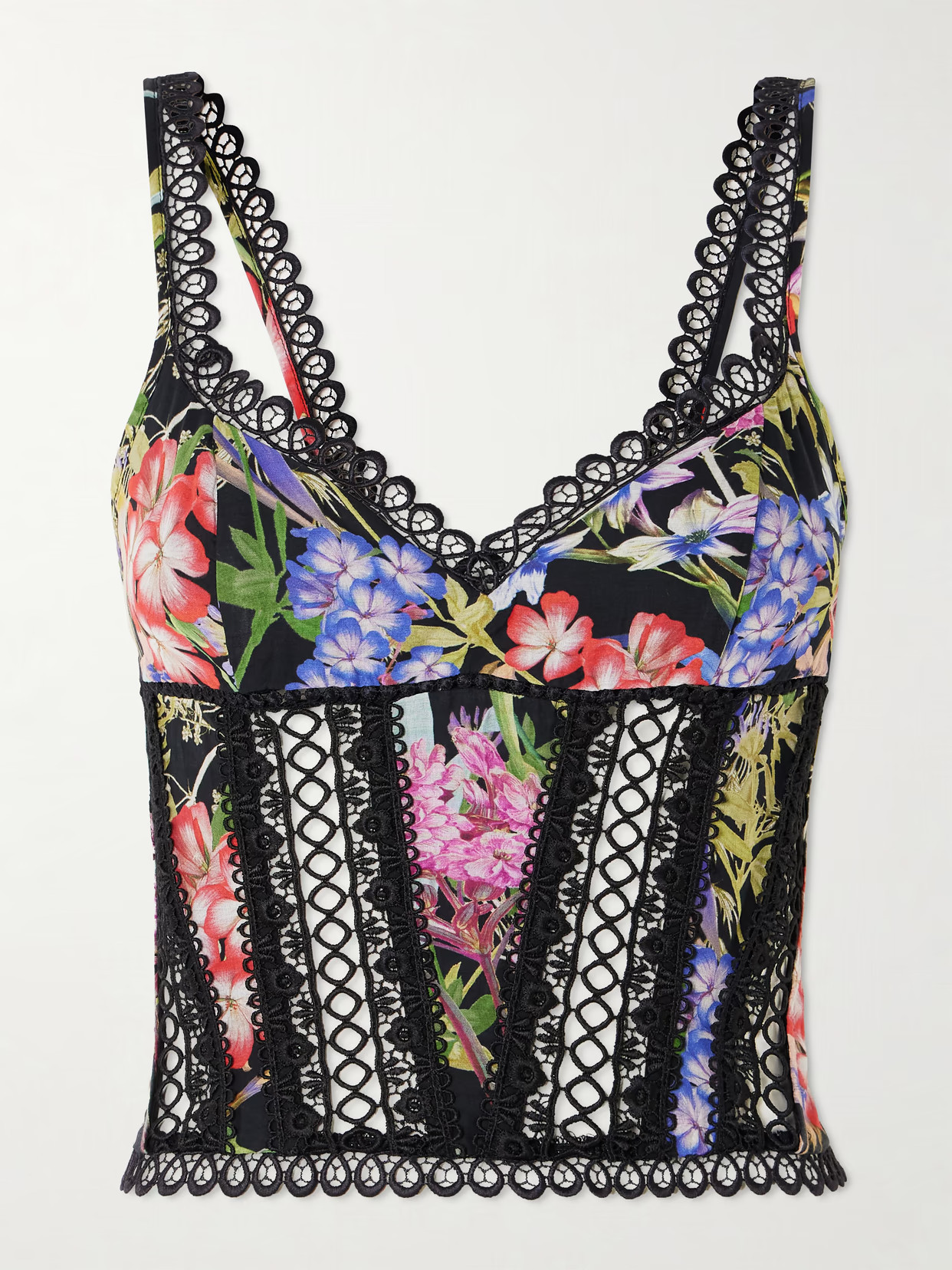 Charo Ruiz - Poppy Guipure Lace-trimmed Floral-print Cotton-blend Voile Bustier Top - Black | NET-A-PORTER (US)