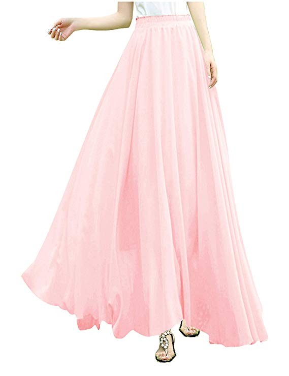 v28 Women Full/Ankle Length Elastic Pleated Retro Maxi Chiffon Long Skirt | Amazon (US)