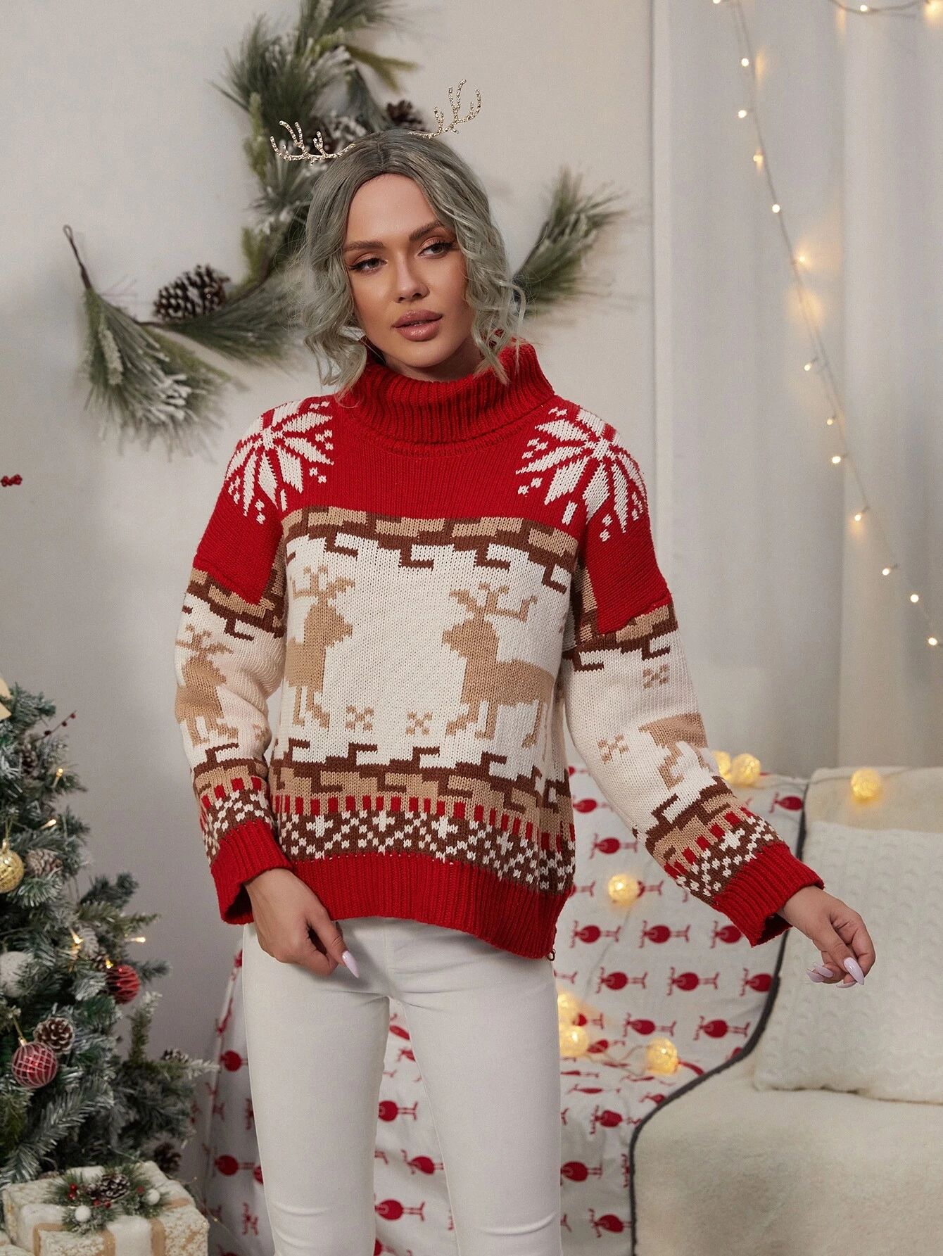 Turtleneck Christmas Pattern Drop Shoulder Sweater | SHEIN