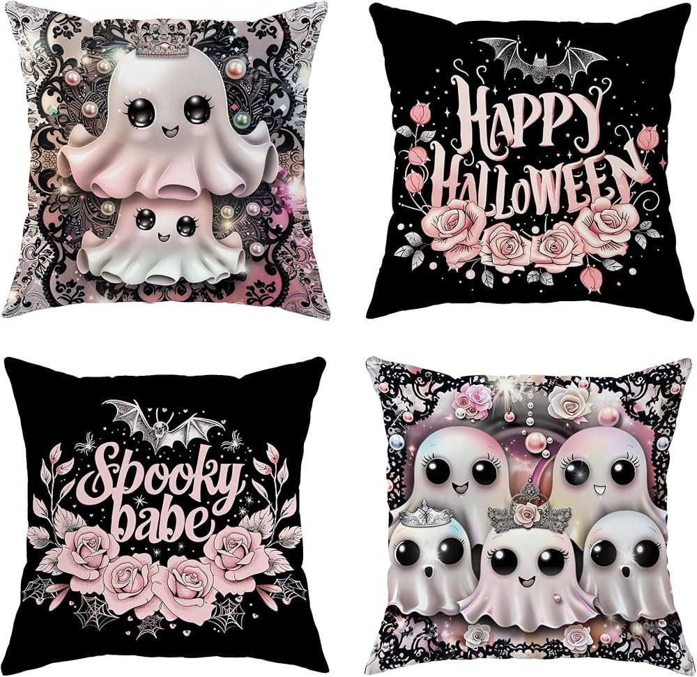 Velvet Happy Halloween Ghost Floral Bat Throw Pillow Covers Luxury Spooky Cute Black Decorative P... | Amazon (US)