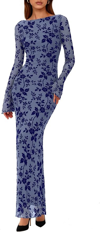 PRETTYGARDEN Women's Floral Bodycon Maxi Dress 2026 Spring Elegant Mesh Long Sleeve Formal Weddin... | Amazon (US)