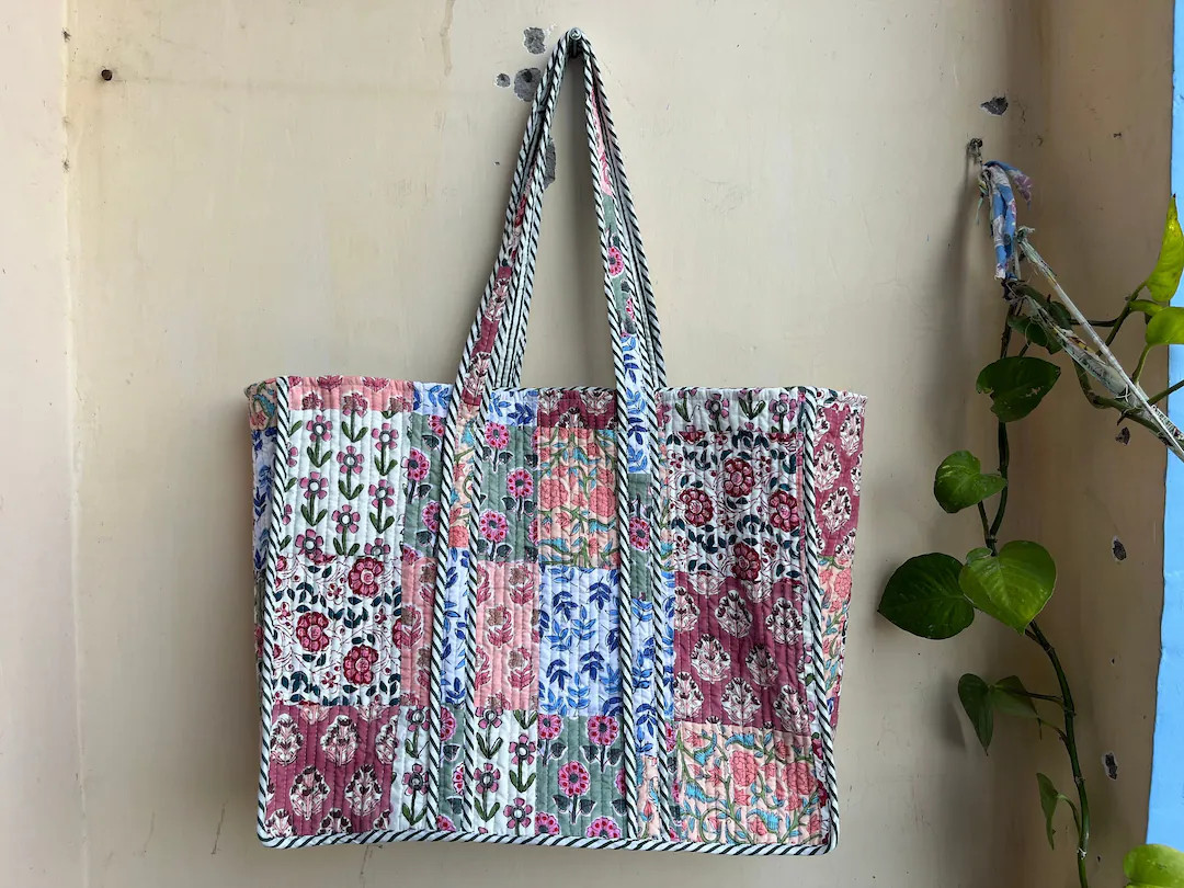 Quilted Cotton Handprinted Reversible Large Multicolor Floral Tote Bag Eco Friendly Sustainable S... | Etsy (US)