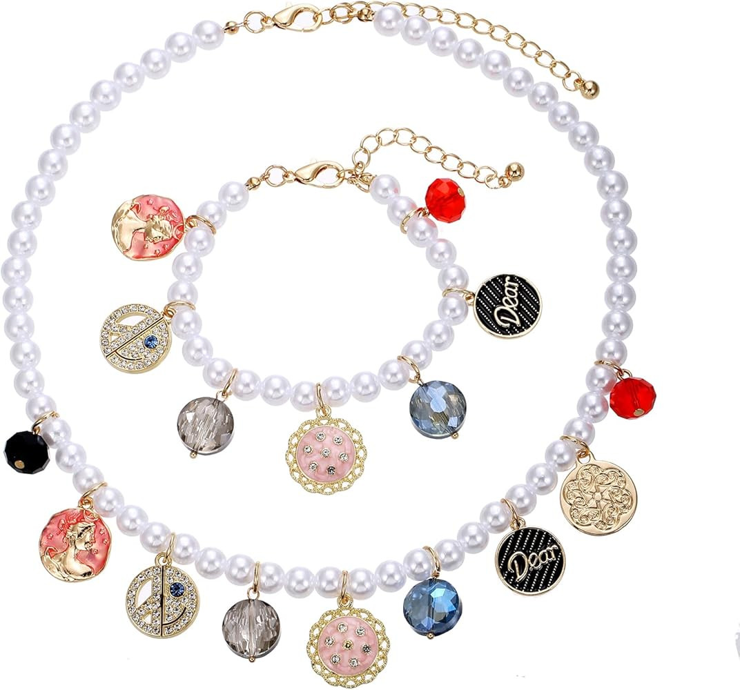 Faux Pearl Necklace and Bracelet Set with Multiple Charms - Starfish, Seashell, Coral, Cherry, St... | Amazon (US)