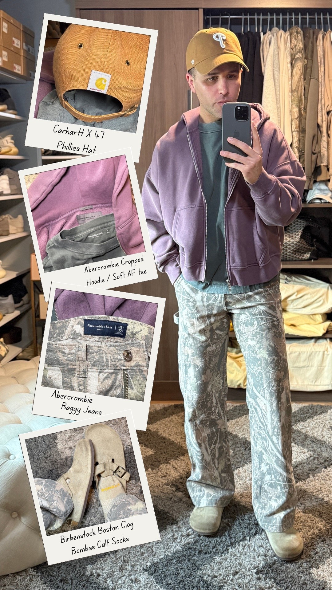 Layers this time of year when the weather can change throughout the day is so important. Wearing an Abercrombie cropped hoodie over their Soft AF tee with Abercrombie relaxed baggy camo jeans.  Birkenstock Boston Clog, Bombas calf socks and a Philadelphia Phillies Carhartt x ’47 hat. It’s the perfect casual spring style for any guy. #camopants#springstyle #mensstyle #easter #camo #birkenstocks 

#LTKSpringSale #LTKMens #LTKootd