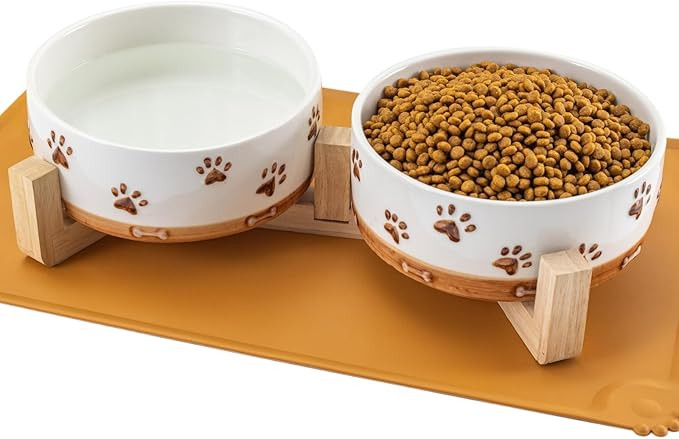 Ceramic Dog Bowls, 3.5 Cups Dog Food and Water Bowl Set for Medium Dogs with Wooden Stand and Non... | Amazon (US)