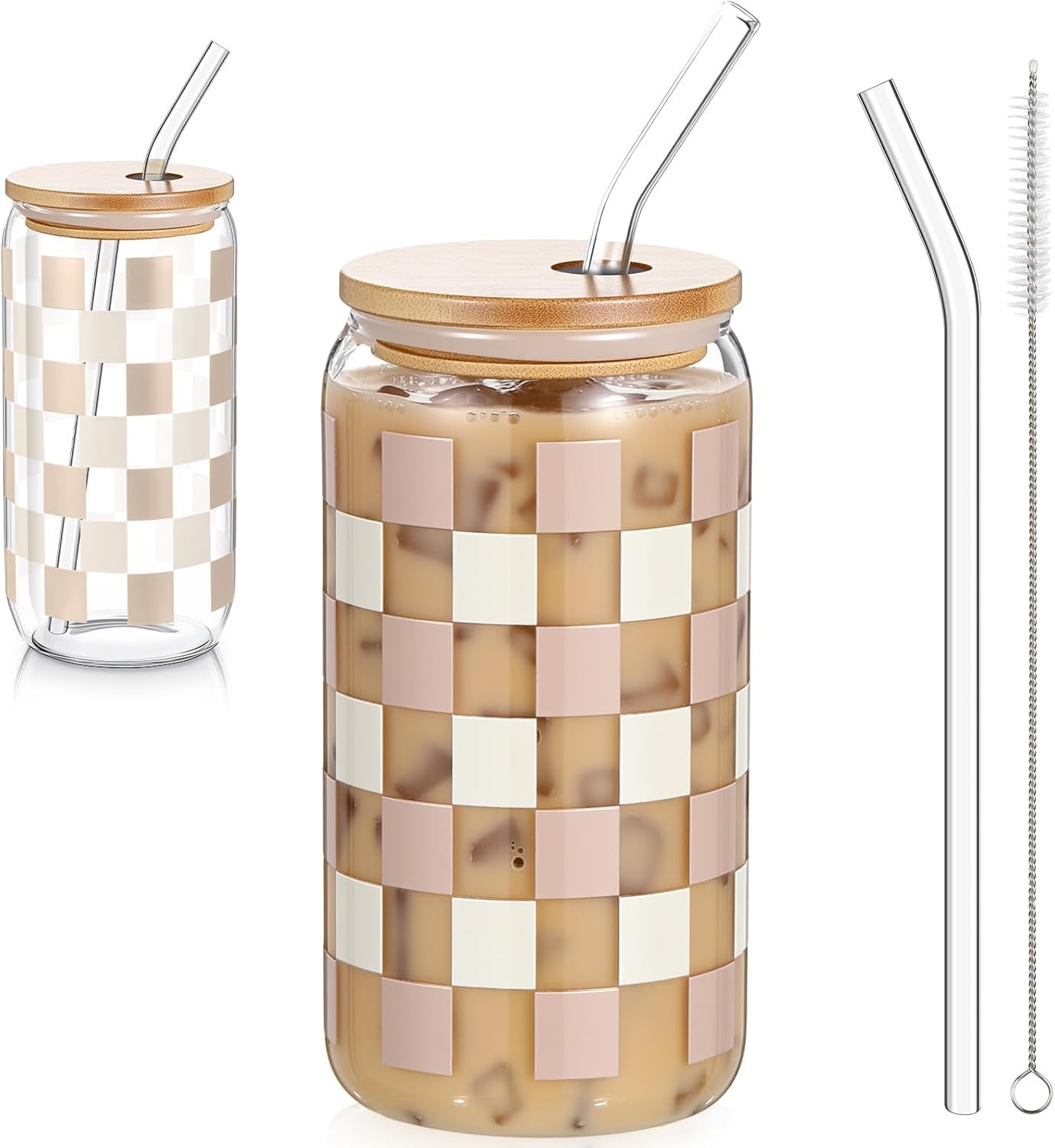 Hushee Checkered Tumbler 16 oz Checkerboard Glass Water Bottle Ice Coffee Cup with Lids and Straw... | Amazon (US)