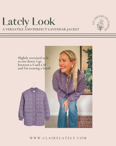 The perfect quilted fall jacket and an amazing gift idea! It’s slightly oversized so I’m wearing a small. The tone of lavender is just right. Warm, but not too heavy. Styled with metallic silver earrings and wide leg denim - Love, Claire Lately 

Outerwear, Madewell, Holiday, Fall, purple, layer 

#LTKGiftGuide #LTKSeasonal #LTKxMadewell