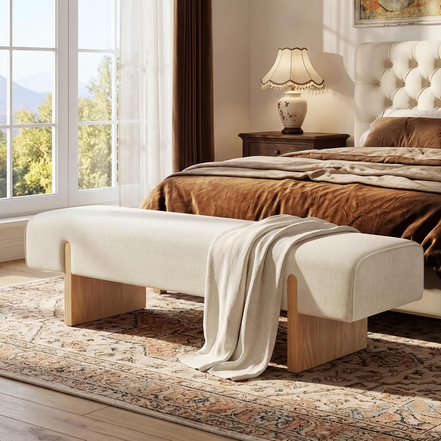 Upholstered End of Bed Bench, Solid Wood Legs & Natural Linen Fabric | Amazon (US)