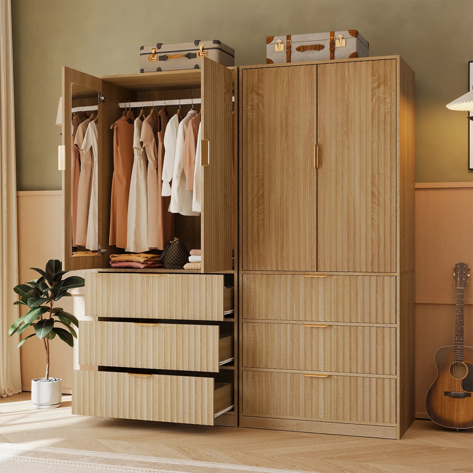 70.9''H Wardrobe Closet, 2-door Armoire Wardrobe With Built-in Mirror, Wardrobe with 3 Drawers \u... | Wayfair North America
