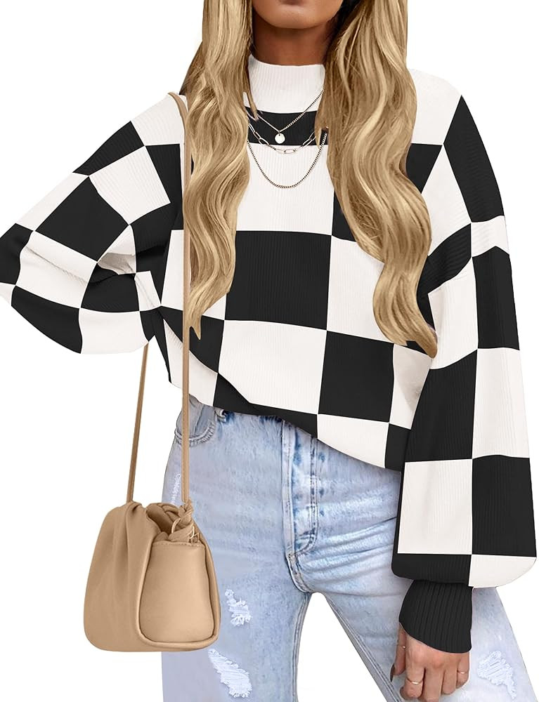 ZESICA Women's 2024 Fall Fashion Turtleneck Long Sleeve Striped Ribbed Knit Loose Pullover Sweate... | Amazon (US)