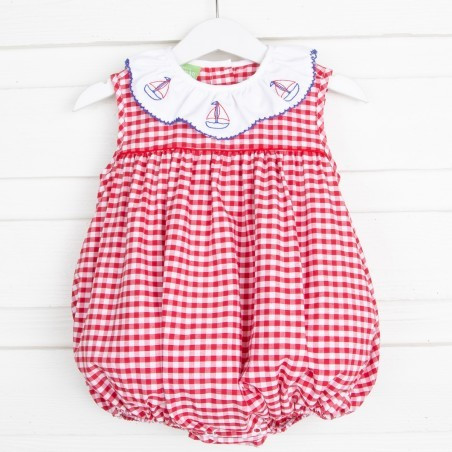 Patriotic Sailboat Embroidered Bubble Red Gingham | Classic Whimsy